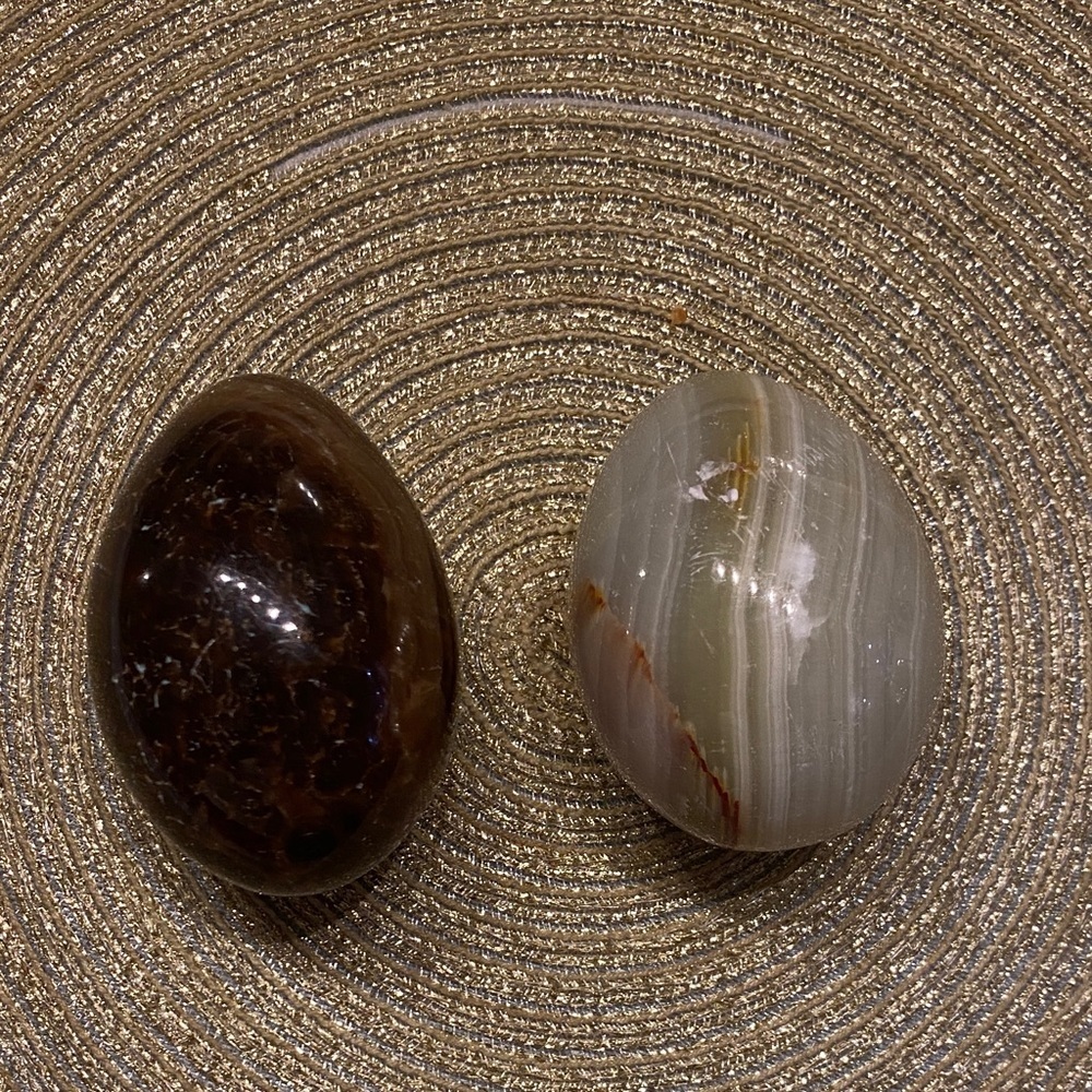 Banded Onyx Egg Green Brown Striated Polished  Decor Easter Set of Two Eggs